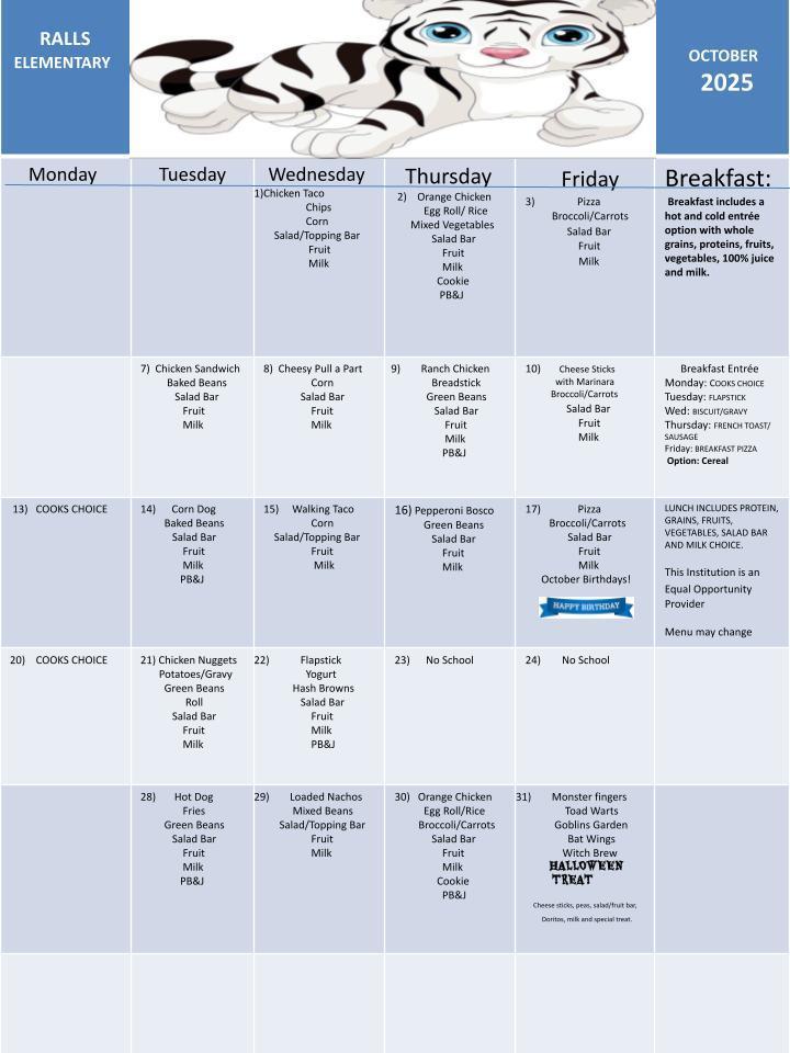 October Elementary Menu