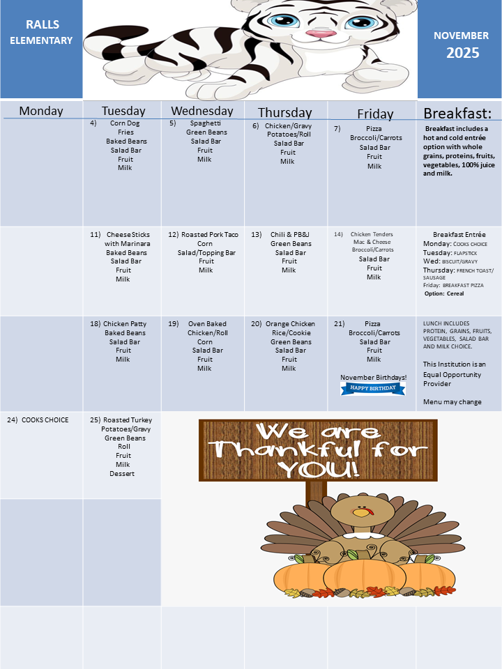 November Menu for Elementary