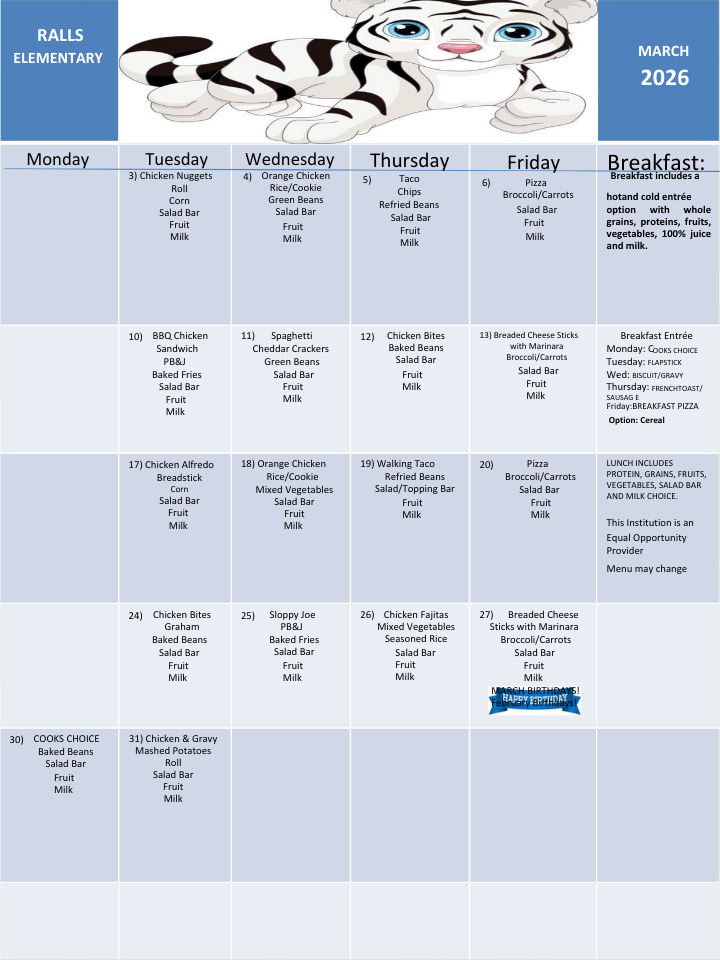 March Menu for Ralls County Elementary