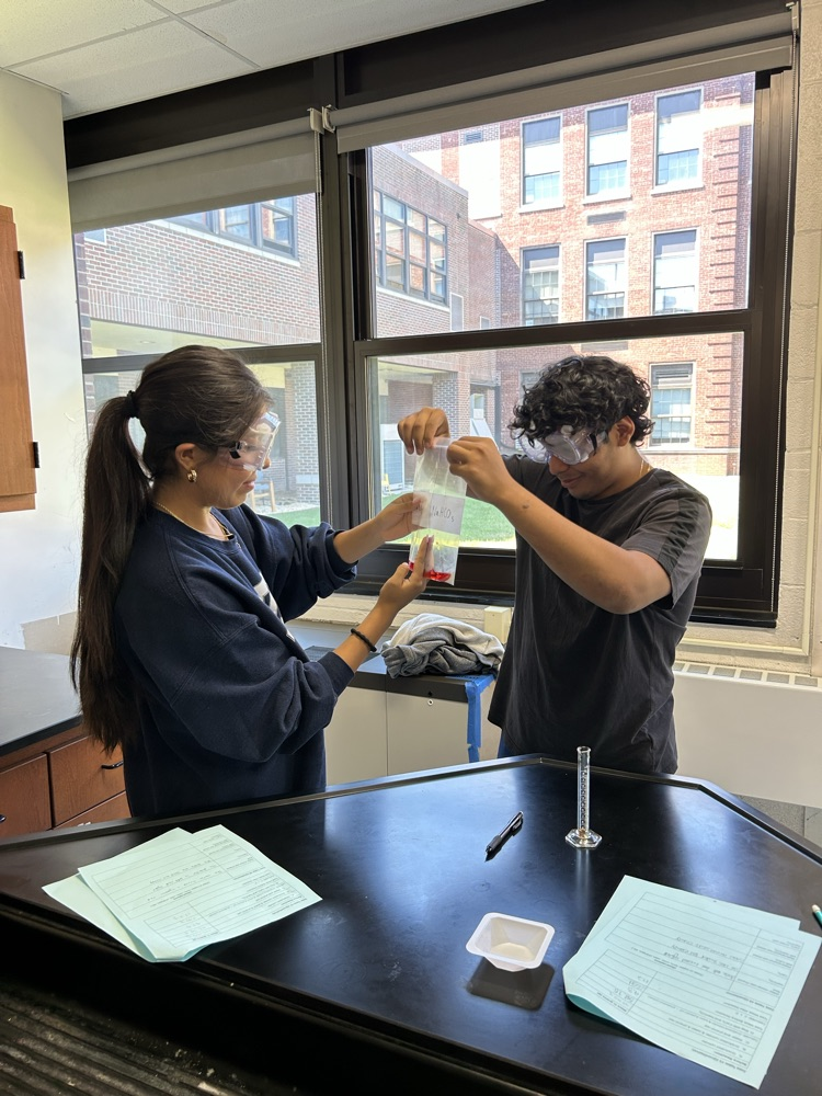 Two students collaborate to ensure their experiment runs smoothly. 