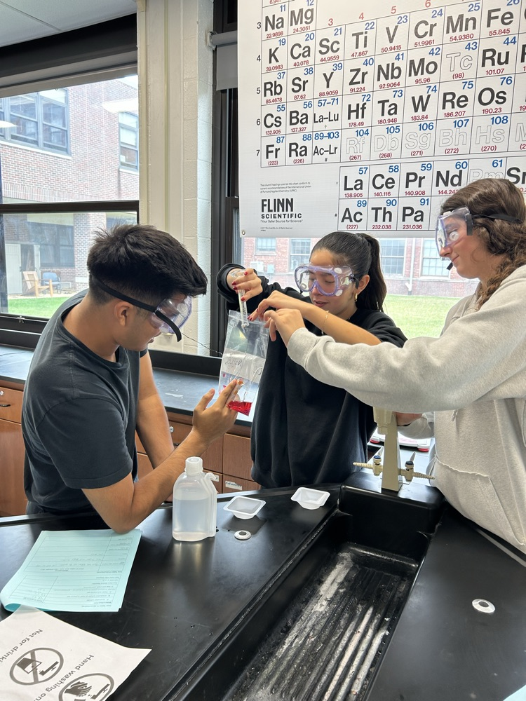 Three students collaborate and observe their reaction in a bag. 