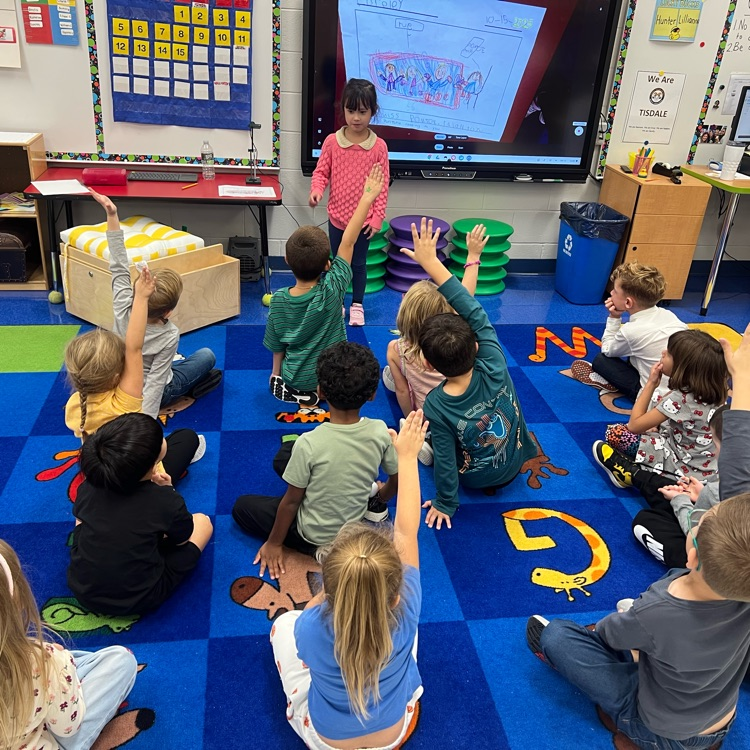 Kindergartners are writers! π Two students in KP proudly share their work with classmates and call on friends to give a compliment, share a comment, or ask a question!