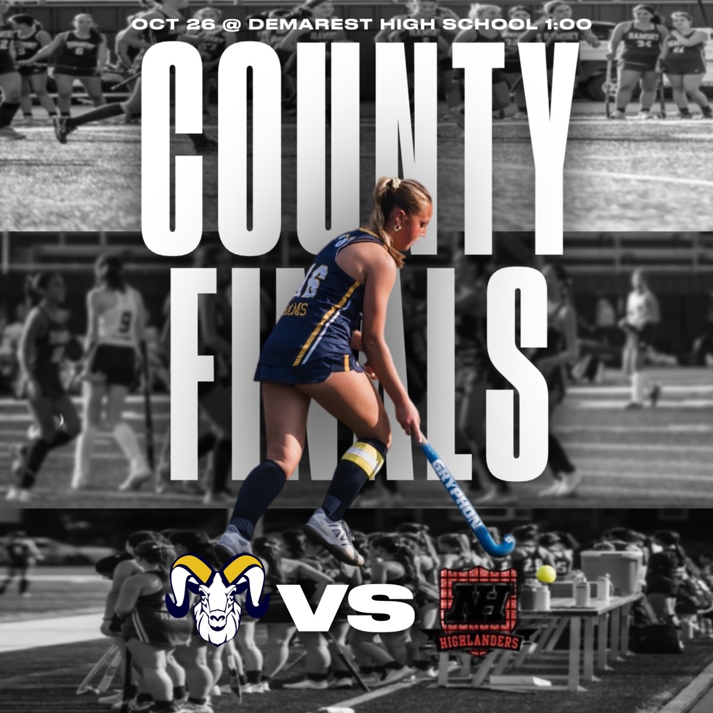 Girls field hockey play northern highlands today for the county finals at 1:00 at Demarest! Good luck and Go Rams!