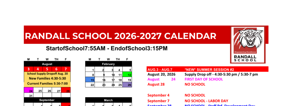 2026-2027 RANDALL SCHOOL PARENT CALENDAR