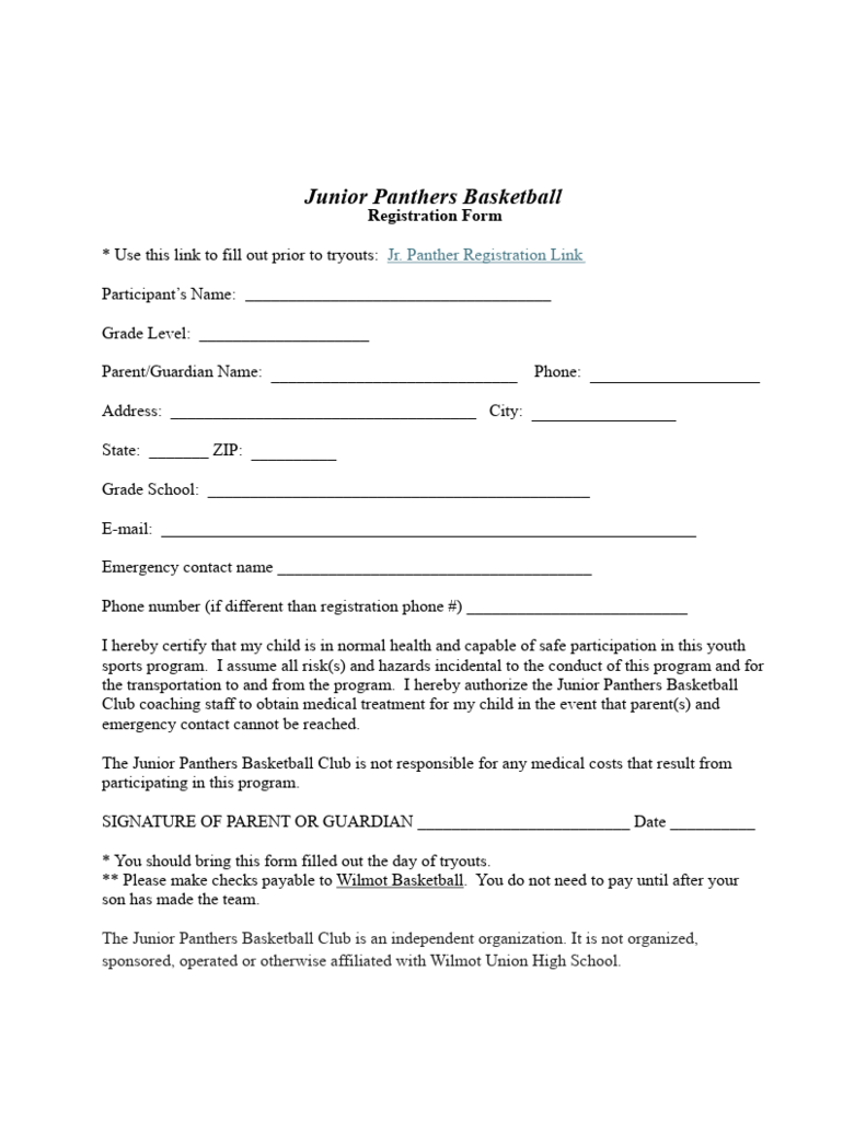 Jr. Panther Boys Gr. 3rd-8th Basketball Registration FORM