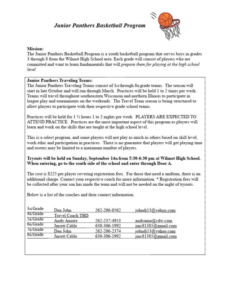 Jr. Panther Boys Gr. 3rd-8th Basketball Registration
