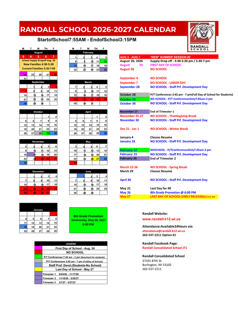 2026-2027 Randall School Parent Calendar