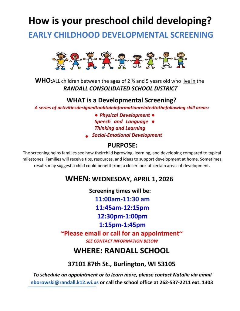 EARLY CHILDHOOD DEVELOPMENTAL SCREENING, APRIL 1ST.