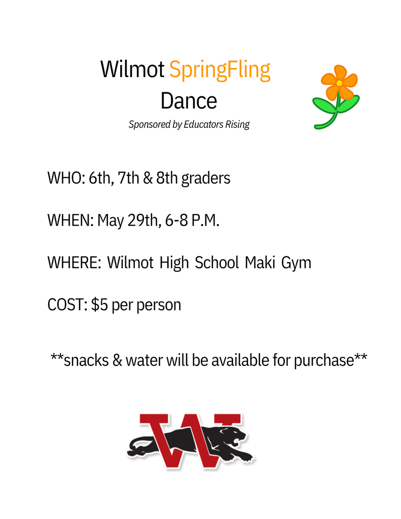 Wilmot Spring Fling Dance, Gr. 6-8 on May 29th
