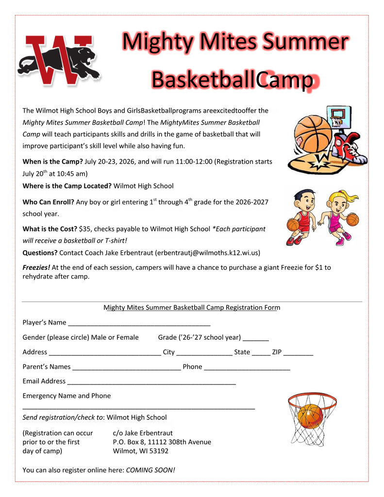 Mighty Mites Summer Basketball Camp, Boys & Girls going into 1st-4th gr. in 2026-27 School Year