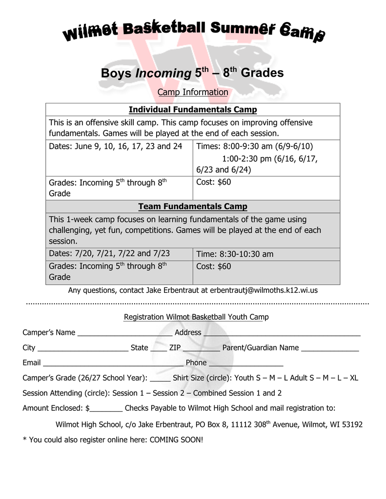Wilmot Basketball Summer Camp, BOYS Gr. 5-8