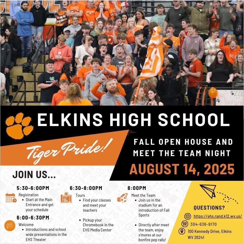 Picture of Elkins High students in orange and black in the football stadium bleachers as a background on a flyer announcing the 25-26 school year open house on August 14.