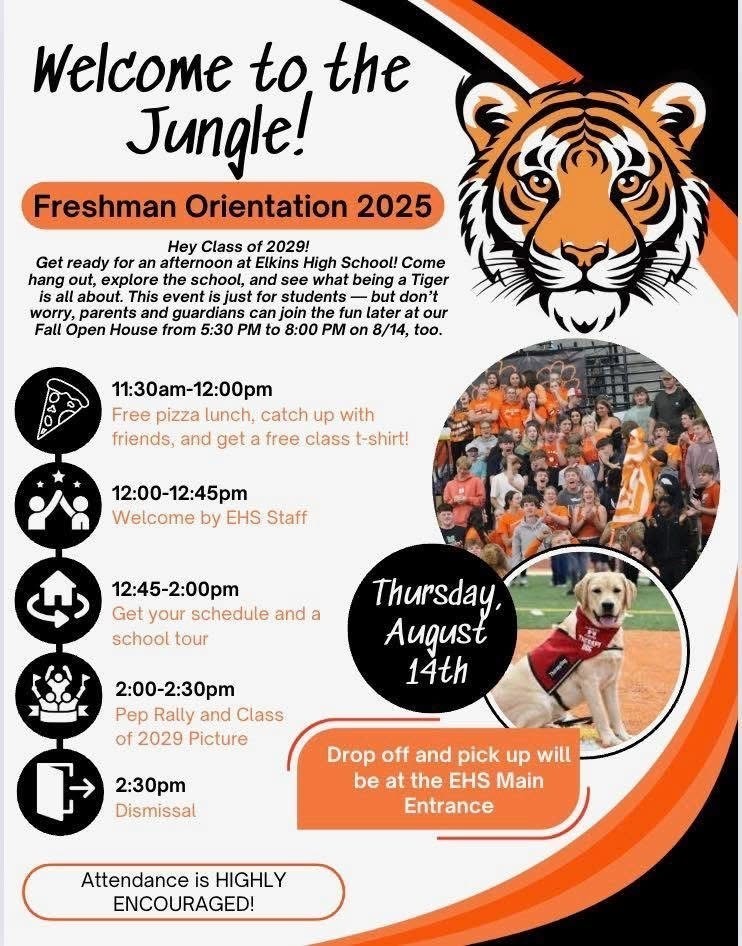 Black, orange, and white flyer with tiger logo on it announcing the freshman class orientation for the 25-26 school year.