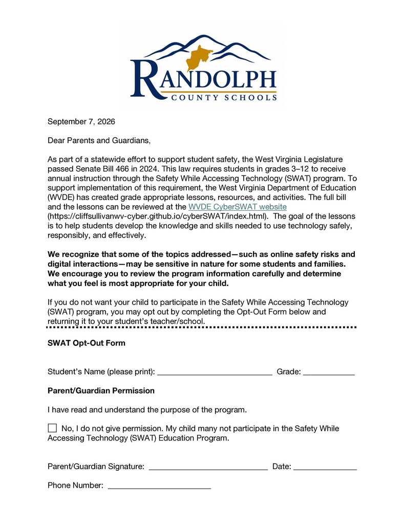 Randolph County annual parent notice --provide an opt-out opportunity for WV SB 466.