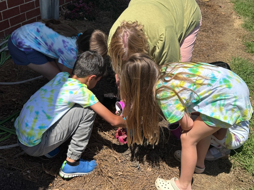 Picture of students planting flowers on Earth Day.