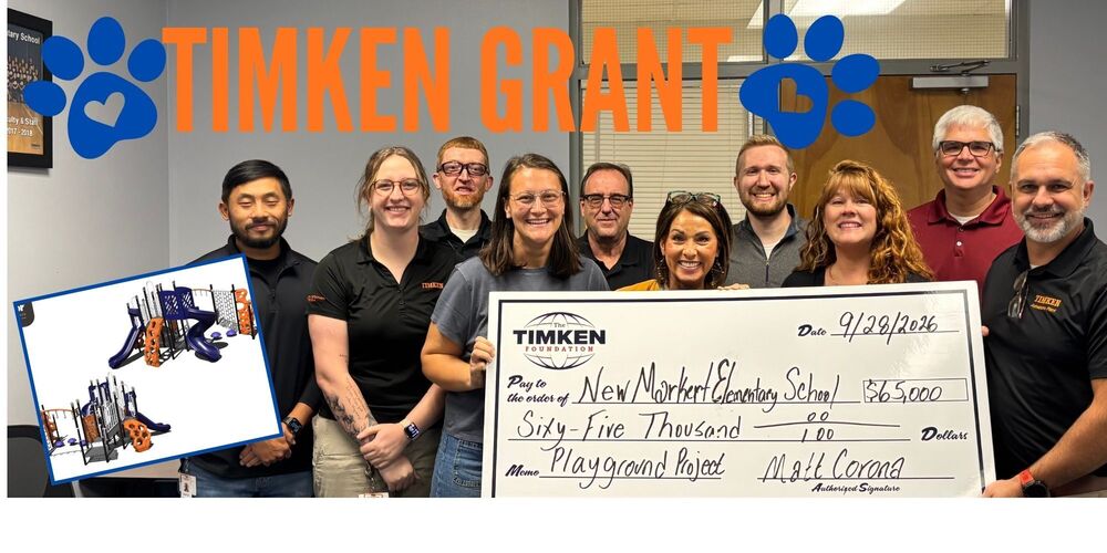 New Market Elementary is honored to be the recipient of a $65,000 Timken Grant! 🧡Timken, a local leader in advanced motion technology, is helping us turn our vision into reality with a brand-new playground at the front of our school! 🛝 This playground will be extra special—a welcoming, inclusive space designed for ALL students and enjoyed by our school and our community. 🌟 Words cannot express our gratitude to Timken for investing in our Bobcats and helping us create a space where every child belongs, plays, and thrives! Together, we're making a difference, one playground at a time! 💙🧡🐾