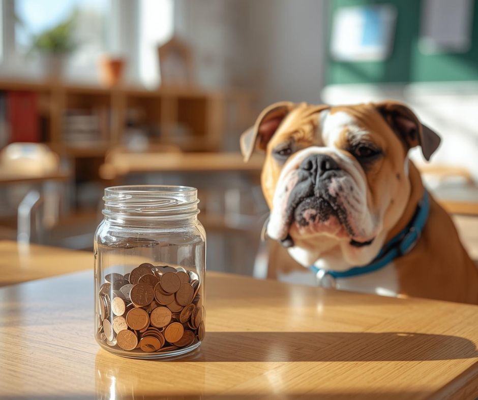 bulldog sitting at a desk with a jar of coins