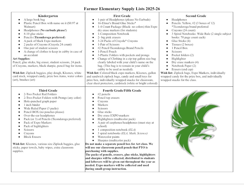 Supply lists for 25-26 school year
