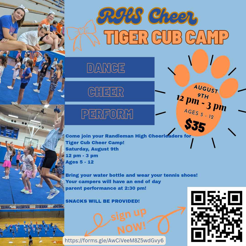 RHS Cheer Camp Details: Date: Saturday, August 9th Location: Randleman High School Gym Time: 12:00 PM – 3:00 PM