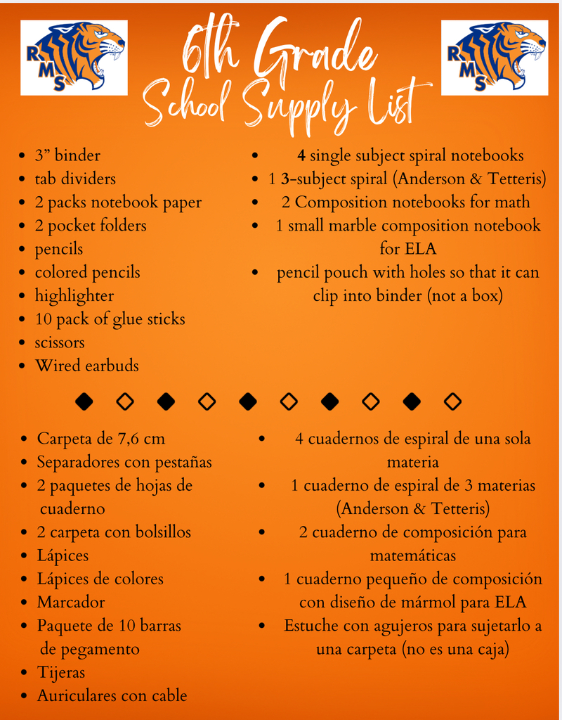 6th grade supply list