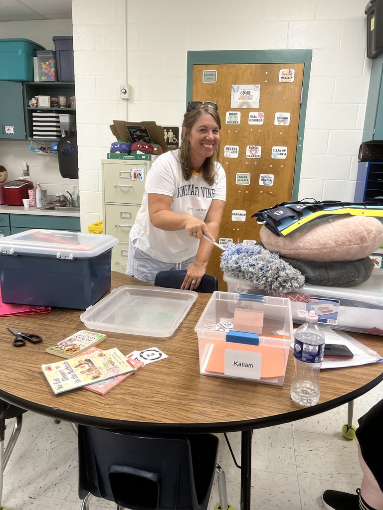 Teacher dusting her classroom while smiling