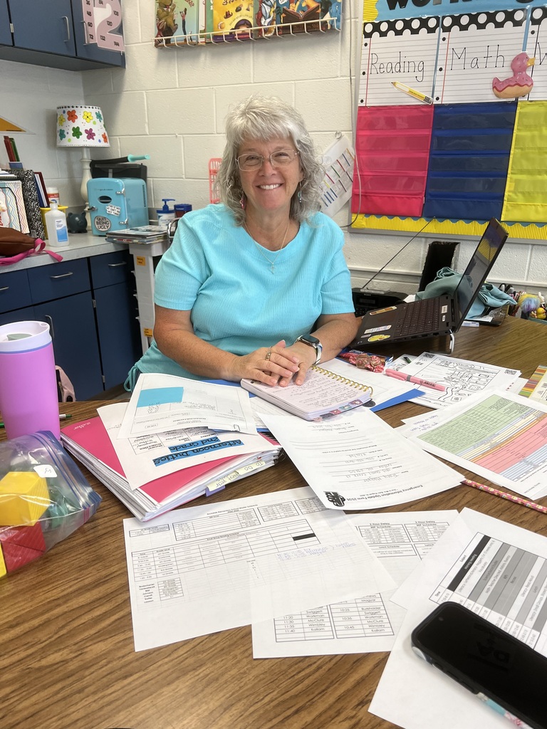 Teacher smiling at the camera, working on a computer
