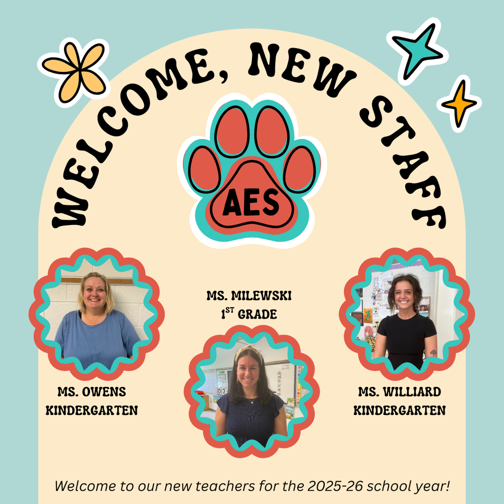 Colorful background with a flower, star, and pawprint. Individual photos of each new teacher with their name and grade. Image text in caption.