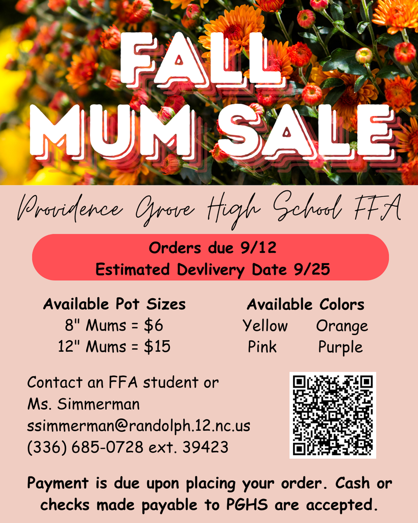 PGHS FFA is selling mums again this fall! However, we are going to do pre-orders this time. Scan the QR code or use the link for our google form! All orders and payment is due 9/12 with an estimated pickup date on 9/25.