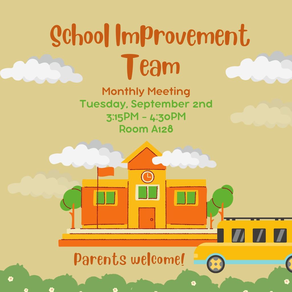 School house and school bus with foliage. Image text in caption.