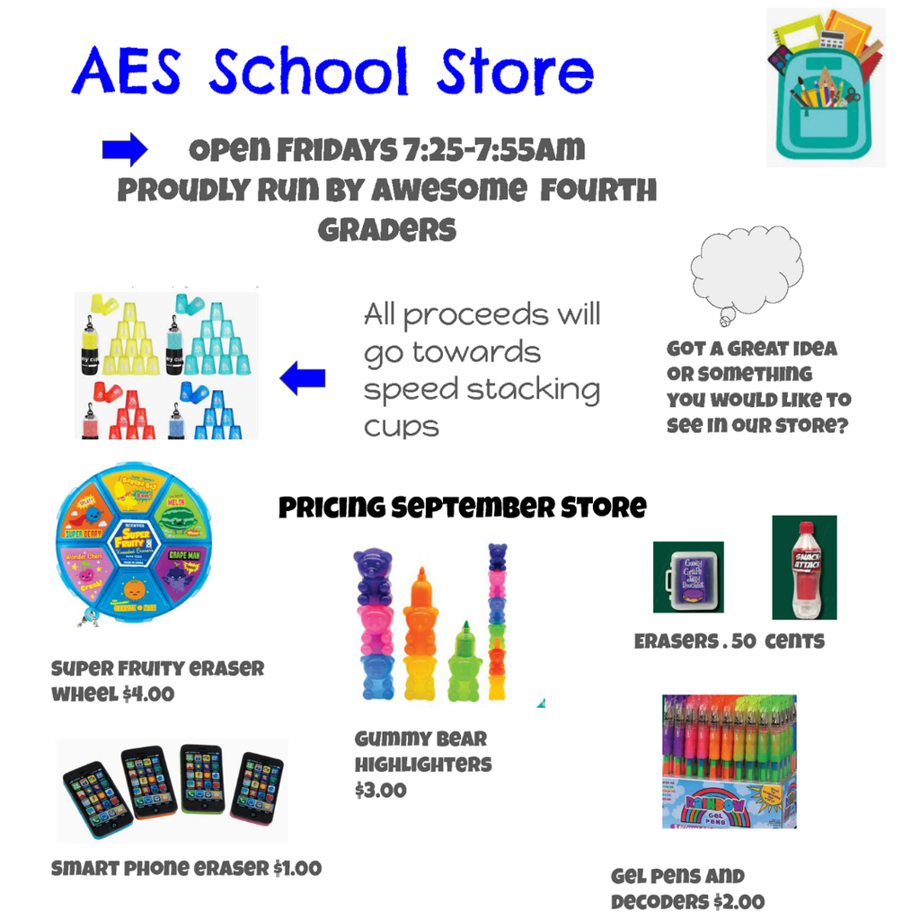 Pictures showing what items are for sale and the speed stacking cups that will be bought with the proceeds. All image text in caption.