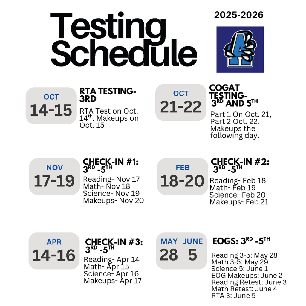 Testing schedule for 2025-26 with school logo. Image text in caption/description.