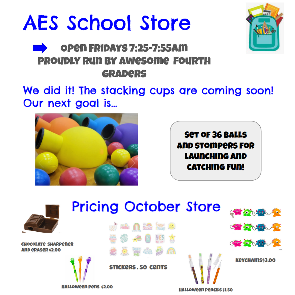 Image text is in caption. Images show the next goal (stompers/balls) and the items for sale.