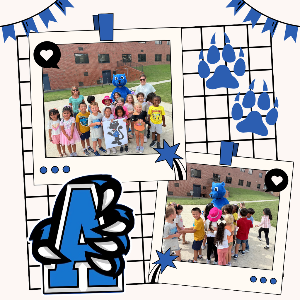Two photos of Savona's Kindergarten class with Archie, the panther mascot along with clipart of paw prints and the school logo.