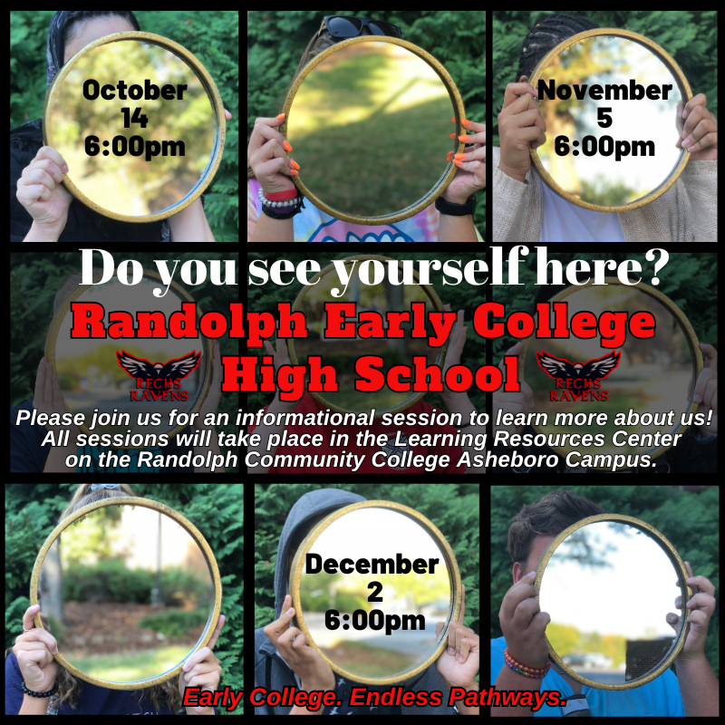Do you see yourself here? Randolph Early College High School is hosting information sessions for 8th graders and families to learn how Early College can open doors to high school AND college success!  📅 October 14 | November 5 | December 2 🕕 6:00 PM 📍 Learning Resources Center – Randolph Community College Asheboro Campus  Come discover how you can start your journey early. Early College. Endless Pathways.