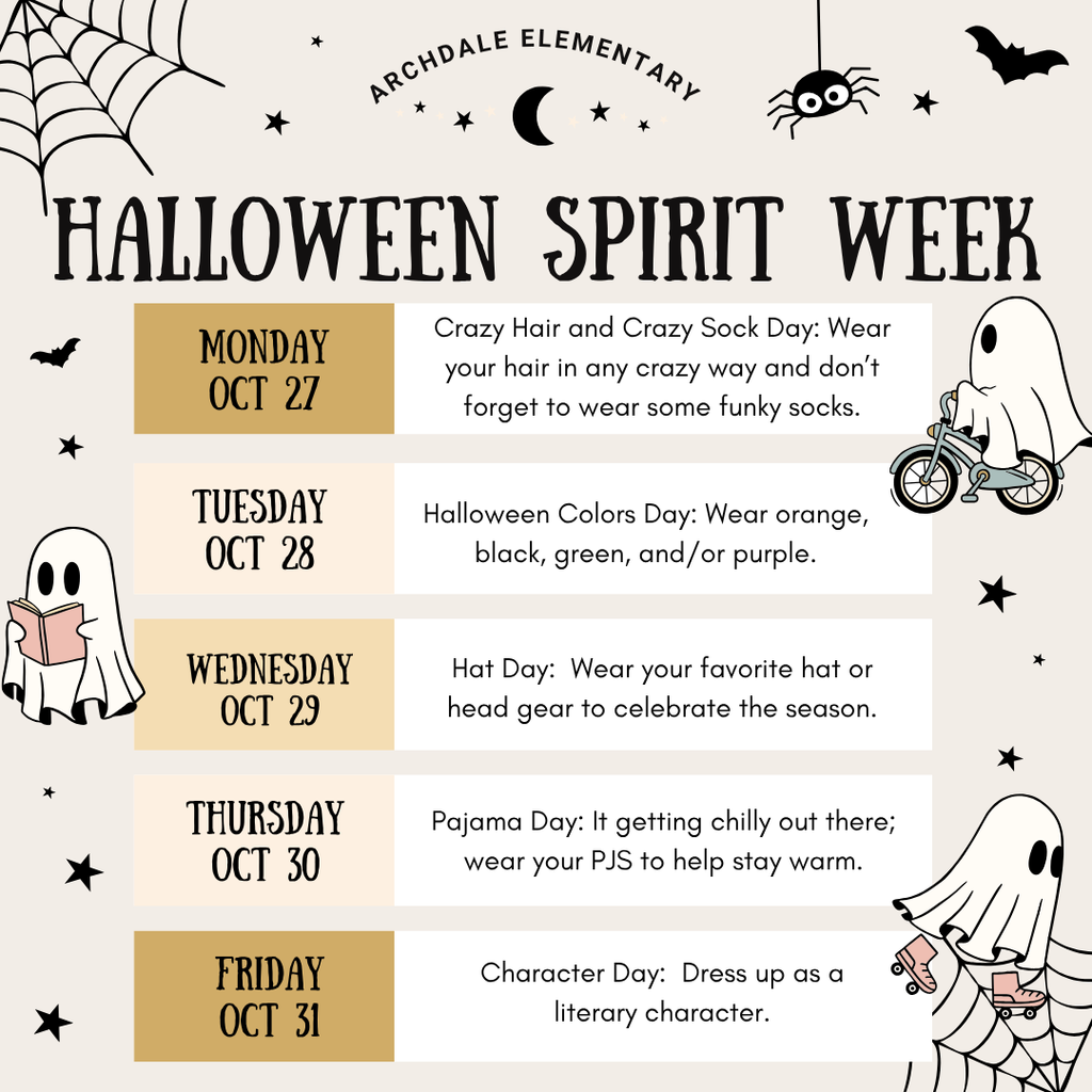 Beige background with cute ghost clipart (reading, riding a bike, skating) with stars, bats, spider webs, and a spider. Image text in caption.