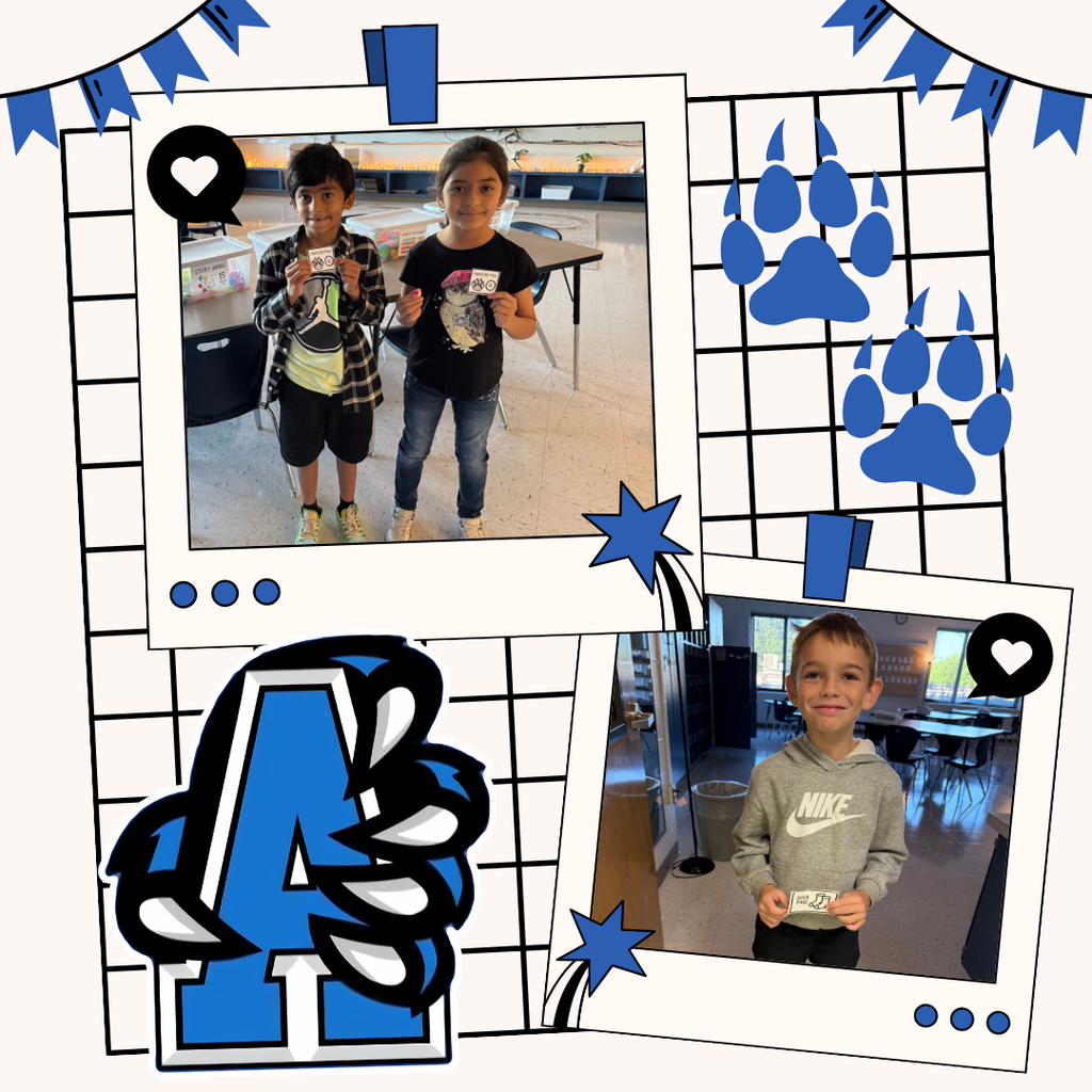 Two photos of students showing their prizes with clipart of paw prints and the school logo.