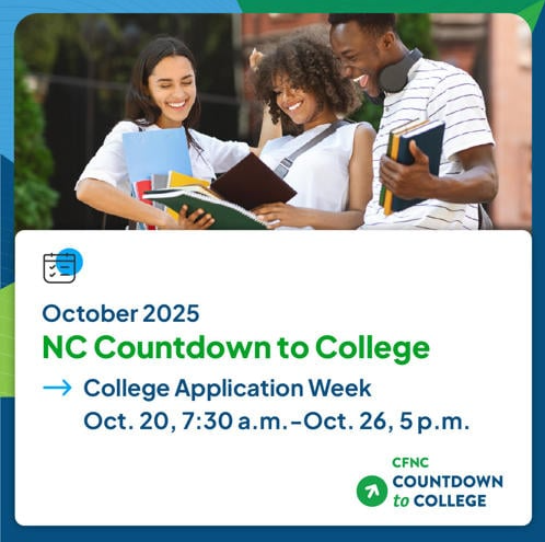 🎓 Attention Seniors! 🎓 Get ready for CFNC’s Free College Application Week – October 20–26! During the week, you may apply to many North Carolina colleges for FREE through CFNC.org. Don’t miss your chance to save money and take the next step toward your future! ✅ Mark your calendar ✅ Check out which schools are waiving fees ✅ Start your applications early! #CFNC #CollegeAppWeek #ClassOf2026 #CollegeBound