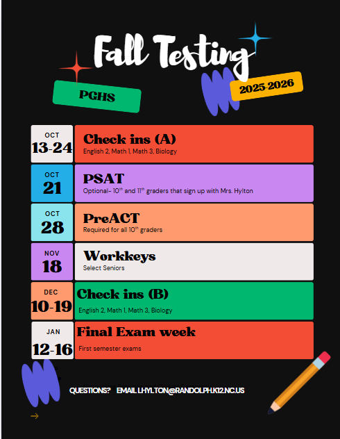 The ACT will be in March on our campus for all juniors. We have not set the date yet. We will be meeting with all juniors to talk about test prep. We have ACT bootcamp November 20th. The PSAT sign ups have ended for this fall.