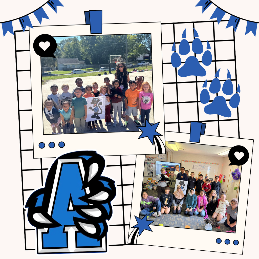 Photos of the two winning classes along with clipart of paw prints and the school logo.