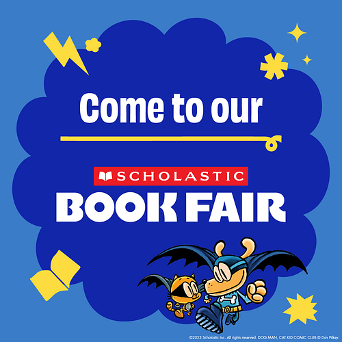Dog man and cat kid with text: come to our book fair.