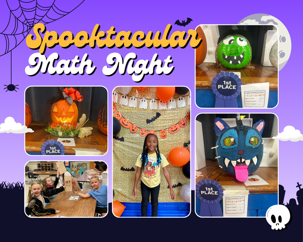 Images of decorated pumpkins and students at the math night. Text reads Spooktacular Math Night.