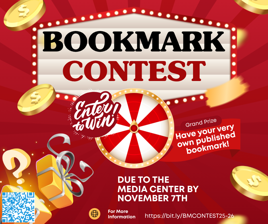 Bookmark Contest advertisement: Red background with gold coins and a spin wheel. There is a QR code for details. 
