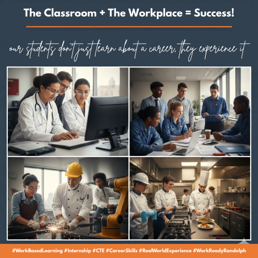 In CTE, our students don't just learn about a career, they experience it through Work-Based Learning (WBL)!  WBL includes internships, job shadowing, clinical experiences, and apprenticeships. These experiences:  Build professional networks before graduation.  Develop high-demand soft skills (like communication and problem-solving).  Increase confidence in a real-world setting.  Give your student the advantage of experience! Contact your high school's Career Development Coordinator (CDC) for more information on these WBL opportunities.  #WorkBasedLearning #Internship #CTE #CareerSkills #RealWorldLearning #FutureWorkforce #WorkReady Randolph