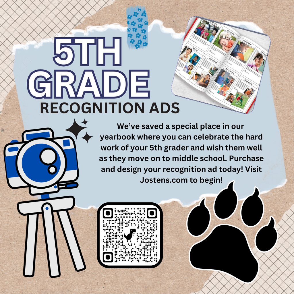 Clipart of a camera and paw print on a scrapbook background & a QR code to the yearbook website. Image text in caption.