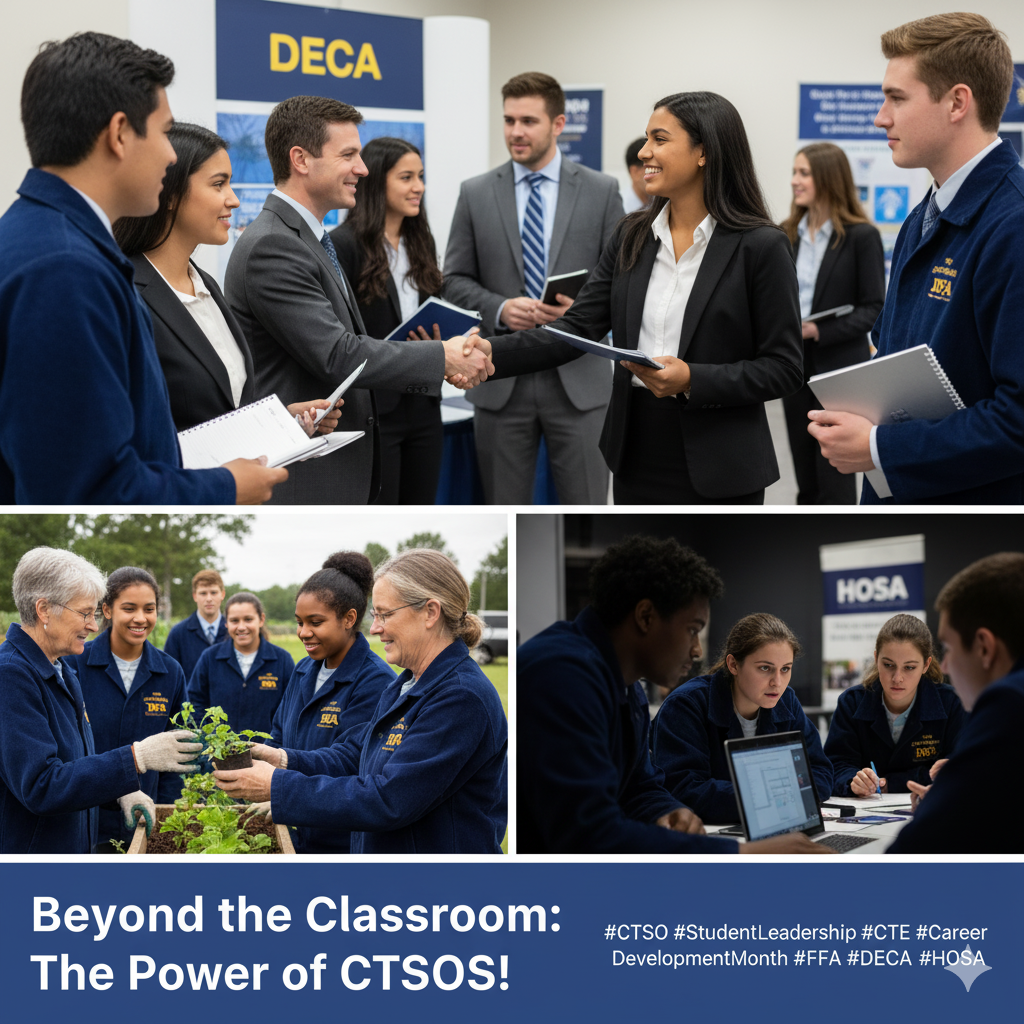 Beyond the Classroom: The Power of CTSOs! 🏆  Did you know that leadership development is a key part of career readiness?  Our Career and Technical Student Organizations (CTSOs), like DECA, FFA, and HOSA, offer students vital opportunities to:  🗣️ Develop Leadership Skills: Through officer roles and community projects.  🥇 Compete & Conquer: Test technical skills against peers in state and national contests.  🤝 Network: Connect with industry leaders and professional mentors.  These experiences are crucial to career development!  #CTSO #StudentLeadership #CTE #CareerDevelopmentMonth #FFA #DECA #HOSA