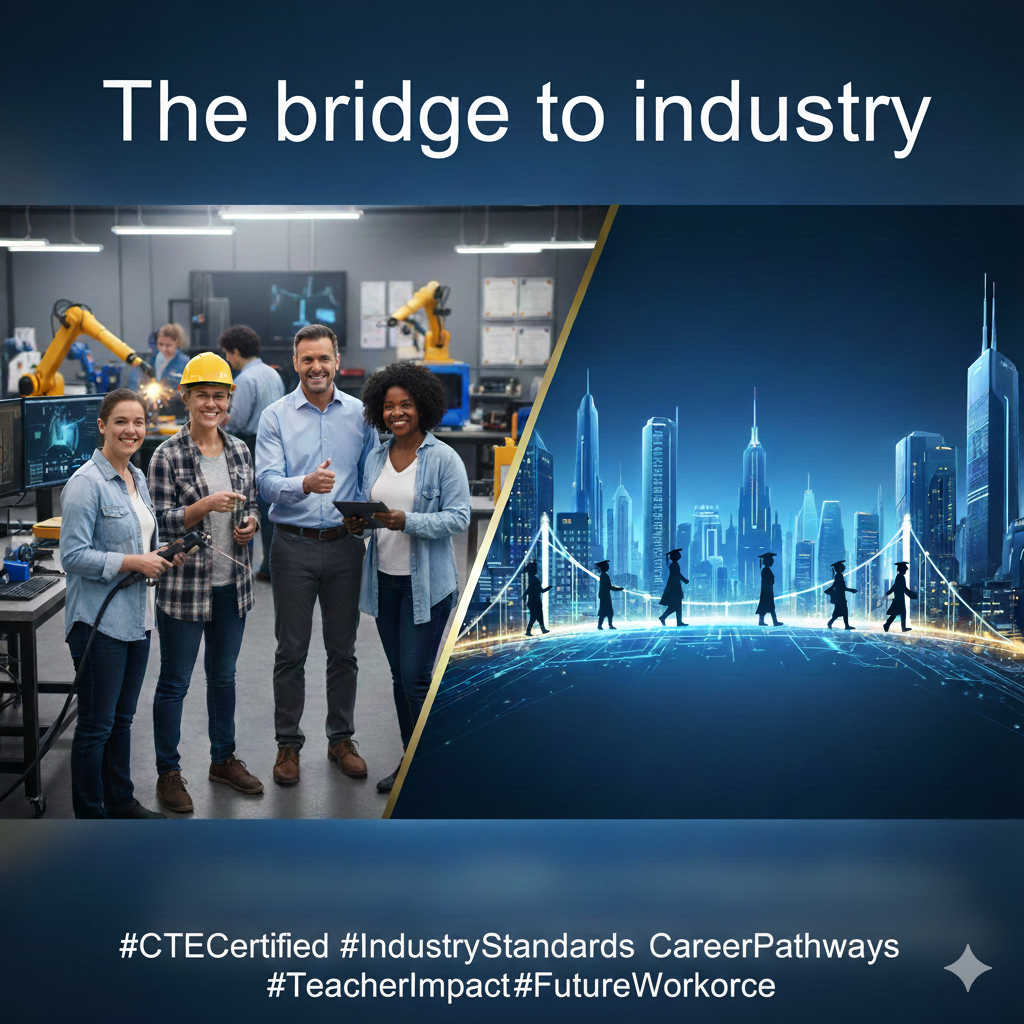 Thank you, CTE Teachers, for being the bridge to industry! 🌉  By integrating industry-recognized standards, overseeing student certifications, and sharing real-world stories, you are directly connecting students with their future professions. Every credential earned in your class is a huge step forward in a student's career plan!  #CTECertified #IndustryStandards #CareerPathways #TeacherImpact #FutureWorkforce