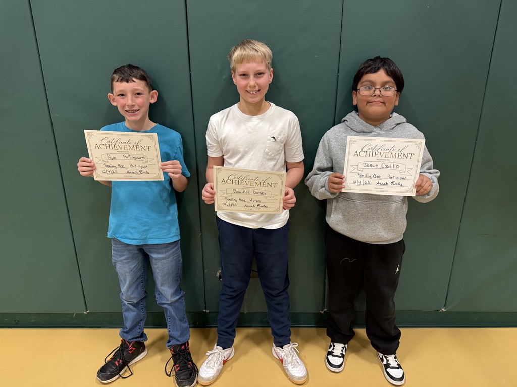 Left to right - Ryan Hollingsworth Spelling Bee Runner Up, Brantee Dorsey Spelling Bee Winner, Josue Cadillos Spelling Bee Runner Up