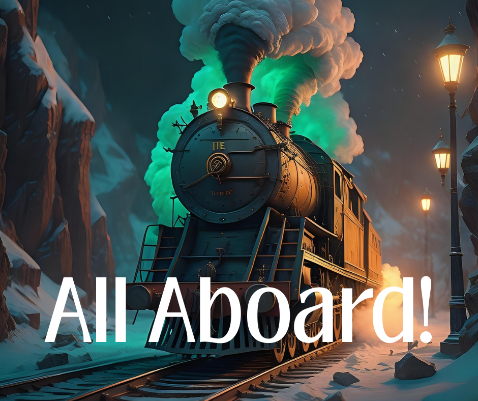 Image of a train in the snow with the words All Aboard at the bottom of the page.