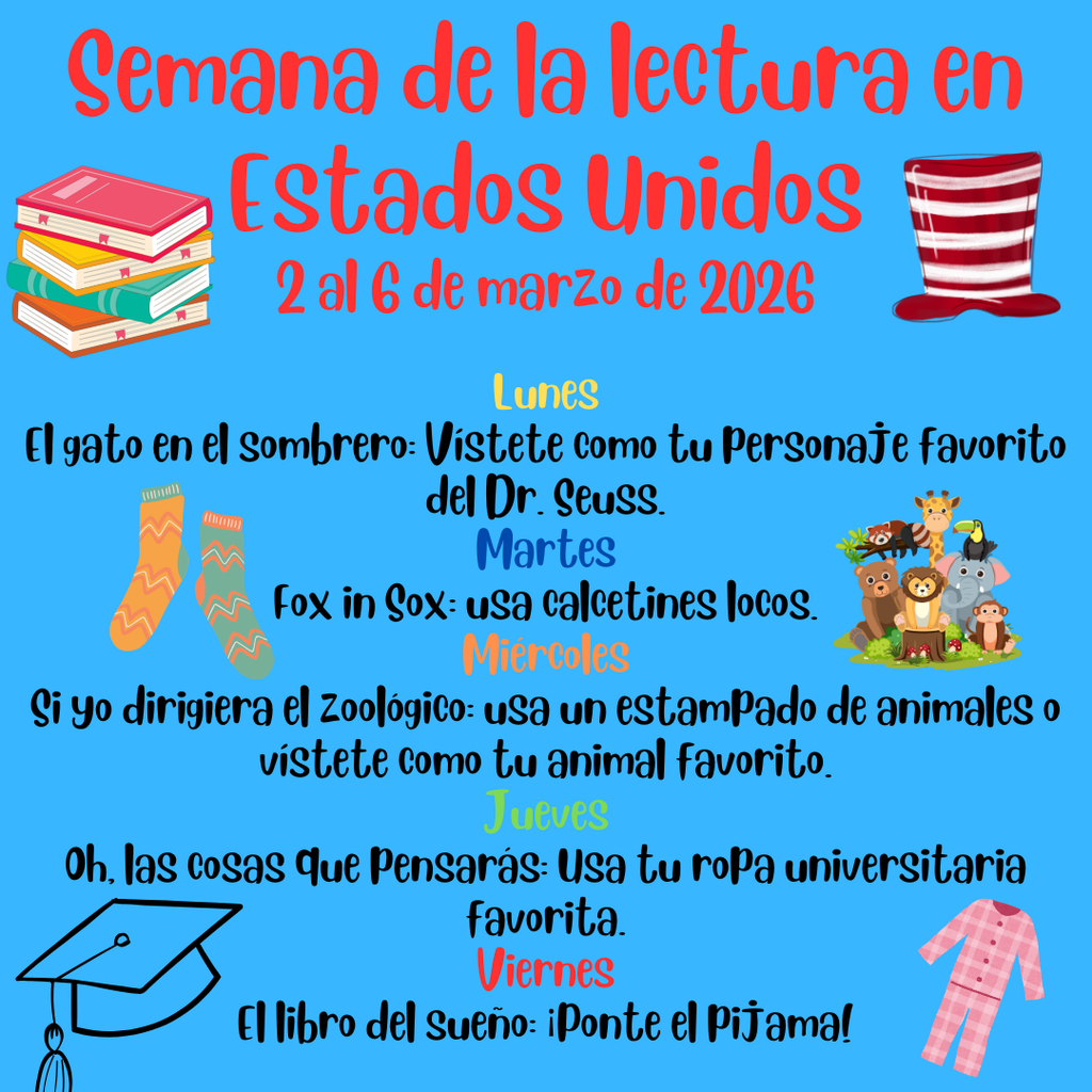 Next week we will celebrate Read Across America Week! We encourage your children to dress up to celebrate reading as well as Dr. Seuss' birthday. Monday- The Cat in the Hat: Dress as your favorite Dr. Seuss character. Tuesday- Fox in Sox: Wear crazy socks. Wednesday- If I Ran the Zoo: Wear animal print/dress as your favorite animal. Thursday- Oh the Things You Will Think: Wear your favorite college gear. Friday- The Sleep Book: Wear your pajamas!