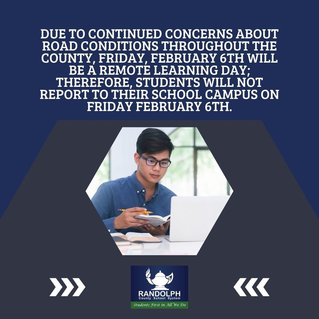 Due to continued concerns about road conditions throughout the county, Friday, February 6th will be a remote learning day; therefore, students will not report to their school campus on Friday February 6th.